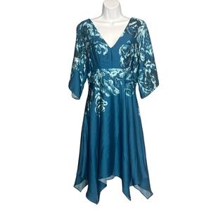 WHBM Blue Ikat Abstract Floral Handkerchief Hem Midi Dress